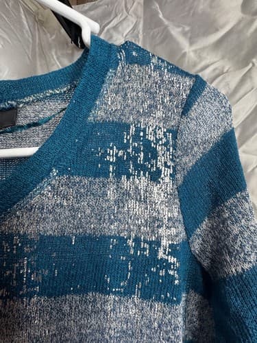 Style & Co Petite PS V-Neck Teal Silver Striped Pullover Sweater Excellent - Thumbnail 5