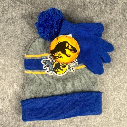 Jurassic World Boys Beanie Hat & Gloves Set Blue Grey Dinosaur Size 8-12 New - Thumbnail 3
