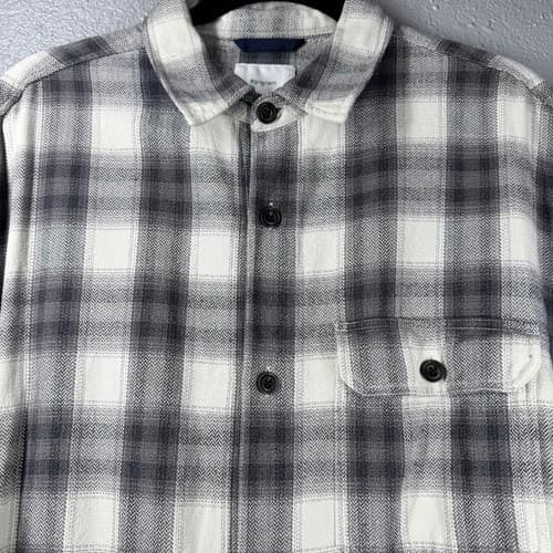 Epigram Men's Plaid Herringbone Flannel Shirt Grey White Cotton Size XL Pockets - Thumbnail 2