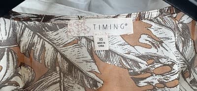 Timing Women’s Boho Tropical Leaf Blouse XS Tie Front Lace Hem Brown White Crop - Thumbnail 2