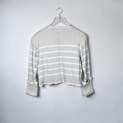 Vigoss Oatmeal/White Striped Sweater Boxy Crop Cotton Blend Sweater Size Medium - Thumbnail 2