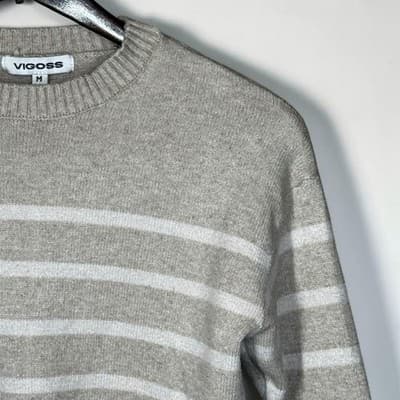 Vigoss Oatmeal/White Striped Sweater Boxy Crop Cotton Blend Sweater Size Medium - Thumbnail 3
