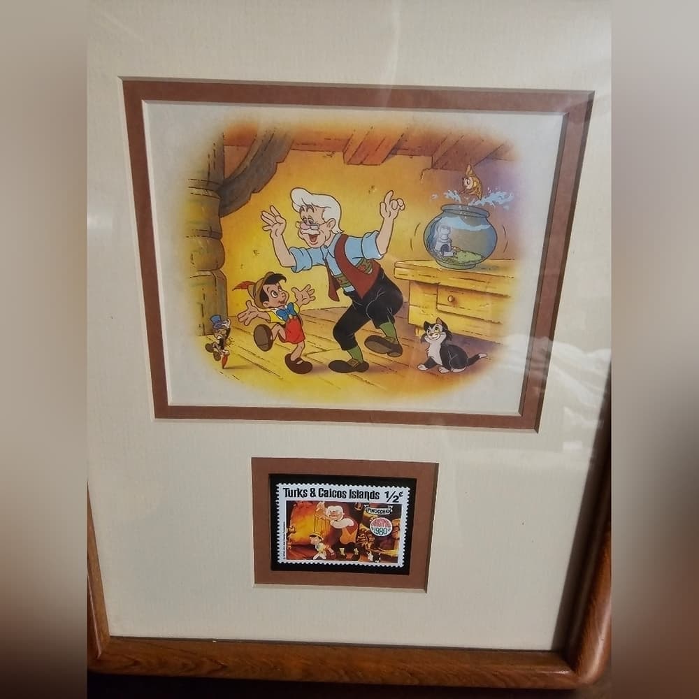 Framed Pinocchio Drawing with 1980s Stamp