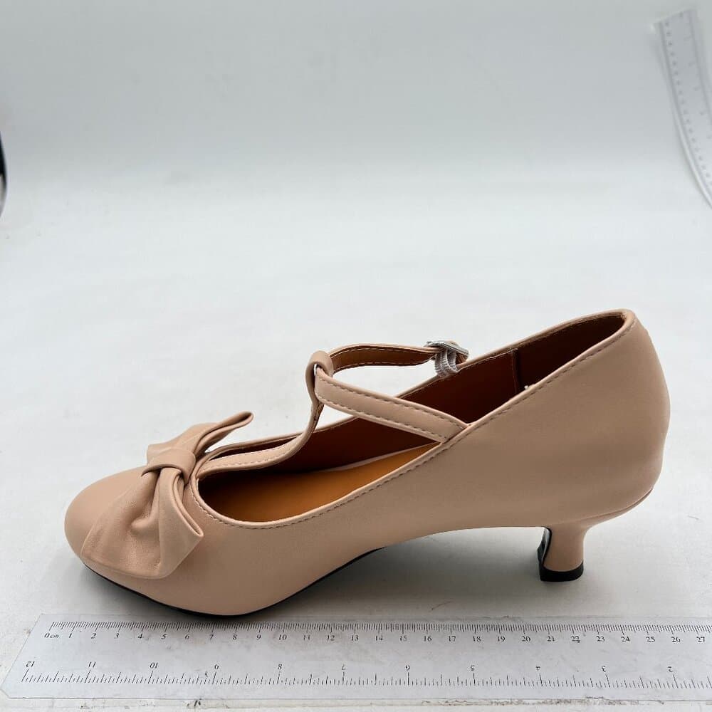 FOWT Women Cute Bow T Strap Pumps Comfy Kitten Low Heel Mary Janes Nude