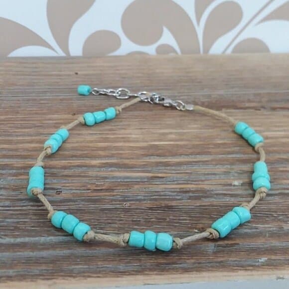Turquoise Beaded Beige Cord Ankle Bracelet - Thumbnail 4