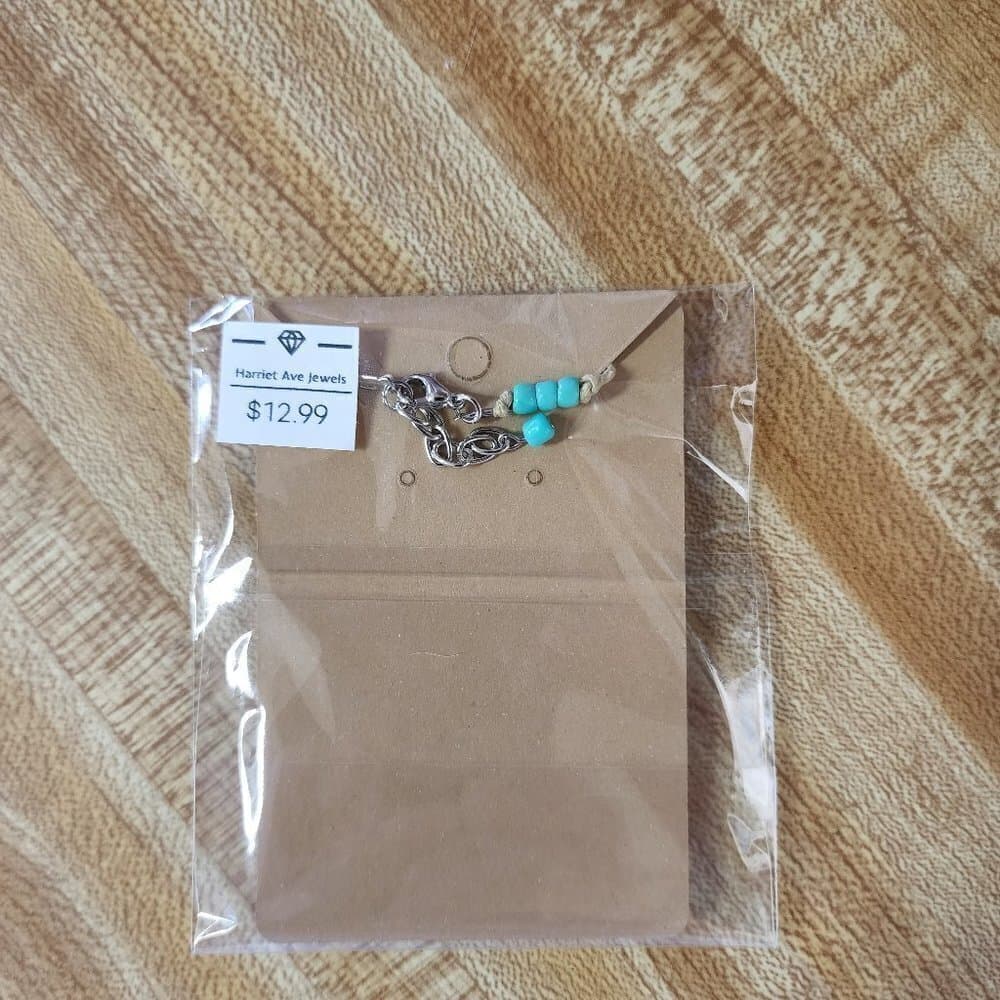 Turquoise Beaded Beige Cord Ankle Bracelet - Thumbnail 2