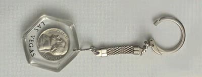 Vintage 1977 Las Vegas Lucite Keychain Real Jefferson Nickel Coin Hexagon Retro - Thumbnail 4