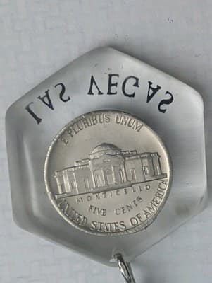 Vintage 1977 Las Vegas Lucite Keychain Real Jefferson Nickel Coin Hexagon Retro - Thumbnail 2