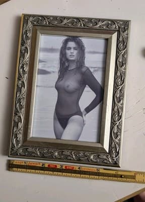 Vintage Cindy Crawford Framed Photo Black & White Sheer Swimsuit Beach Bikini - Thumbnail 3