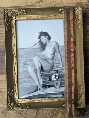 Vintage Bettie Page Nude on Boat Photo by Bunny Yeager in Ornate Gold Frame - Thumbnail 5