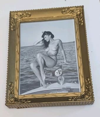 Vintage Bettie Page Nude on Boat Photo by Bunny Yeager in Ornate Gold Frame - Thumbnail 2