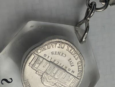 Vintage 1977 Las Vegas Lucite Keychain Real Jefferson Nickel Coin Hexagon Retro - Thumbnail 3
