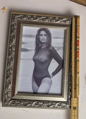 Vintage Cindy Crawford Framed Photo Black & White Sheer Swimsuit Beach Bikini - Thumbnail 4