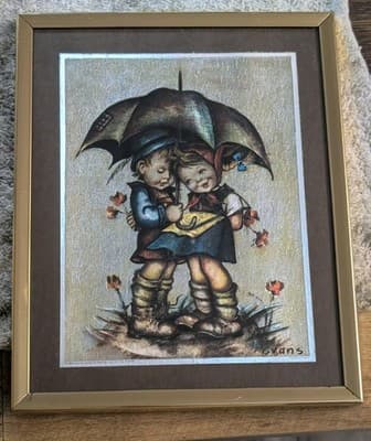 Vintage 1980 Scafa-Tornabene Foil Art Print Evans Rain Kids Hummel Style Framed - Thumbnail 2