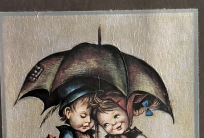 Vintage 1980 Scafa-Tornabene Foil Art Print Evans Rain Kids Hummel Style Framed - Thumbnail 3