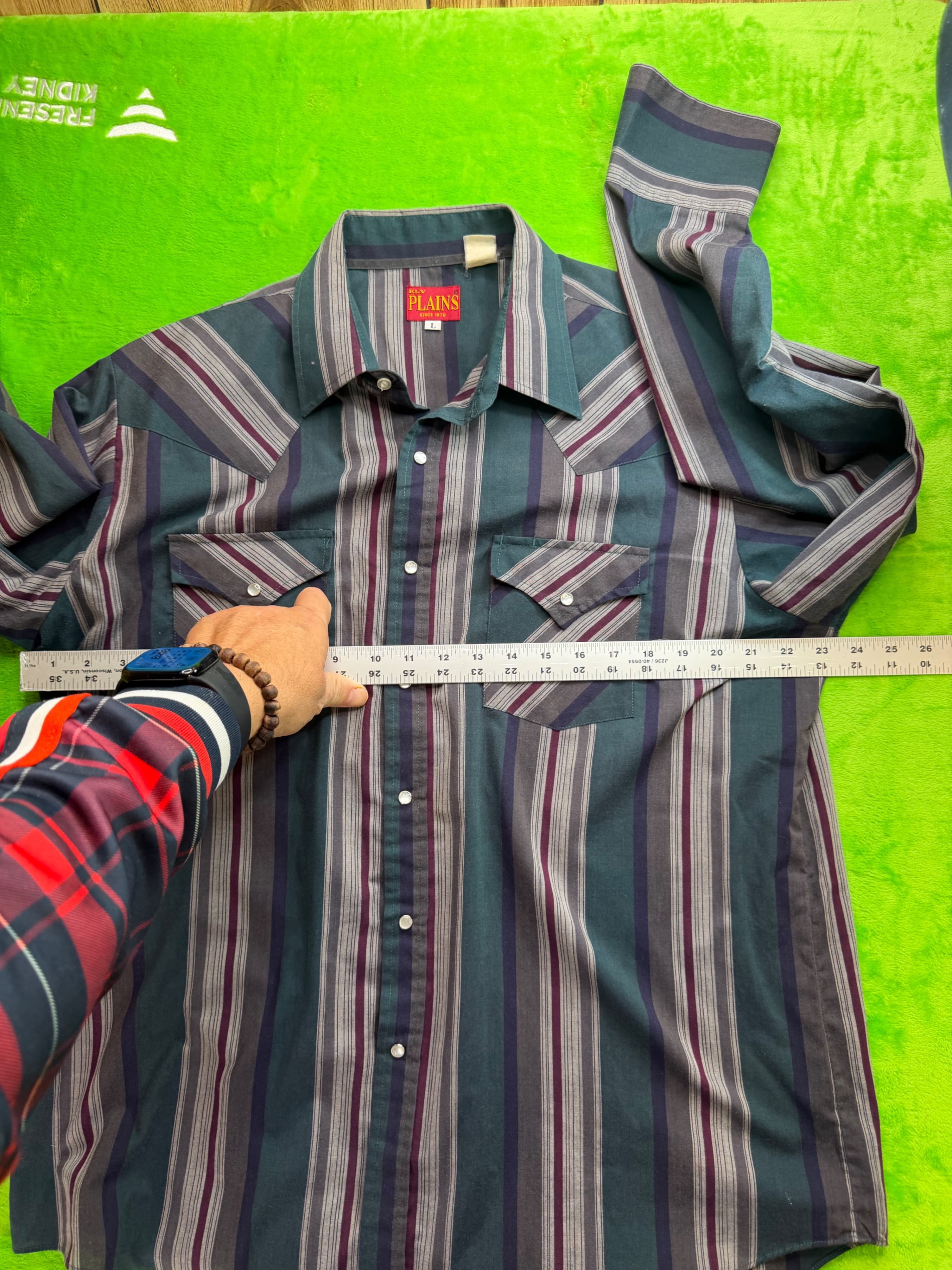 Vtg Ely Plains Since 1878 Pearl Snap LS Western Shirt Mens Sz L Teal Stripe - Thumbnail 5