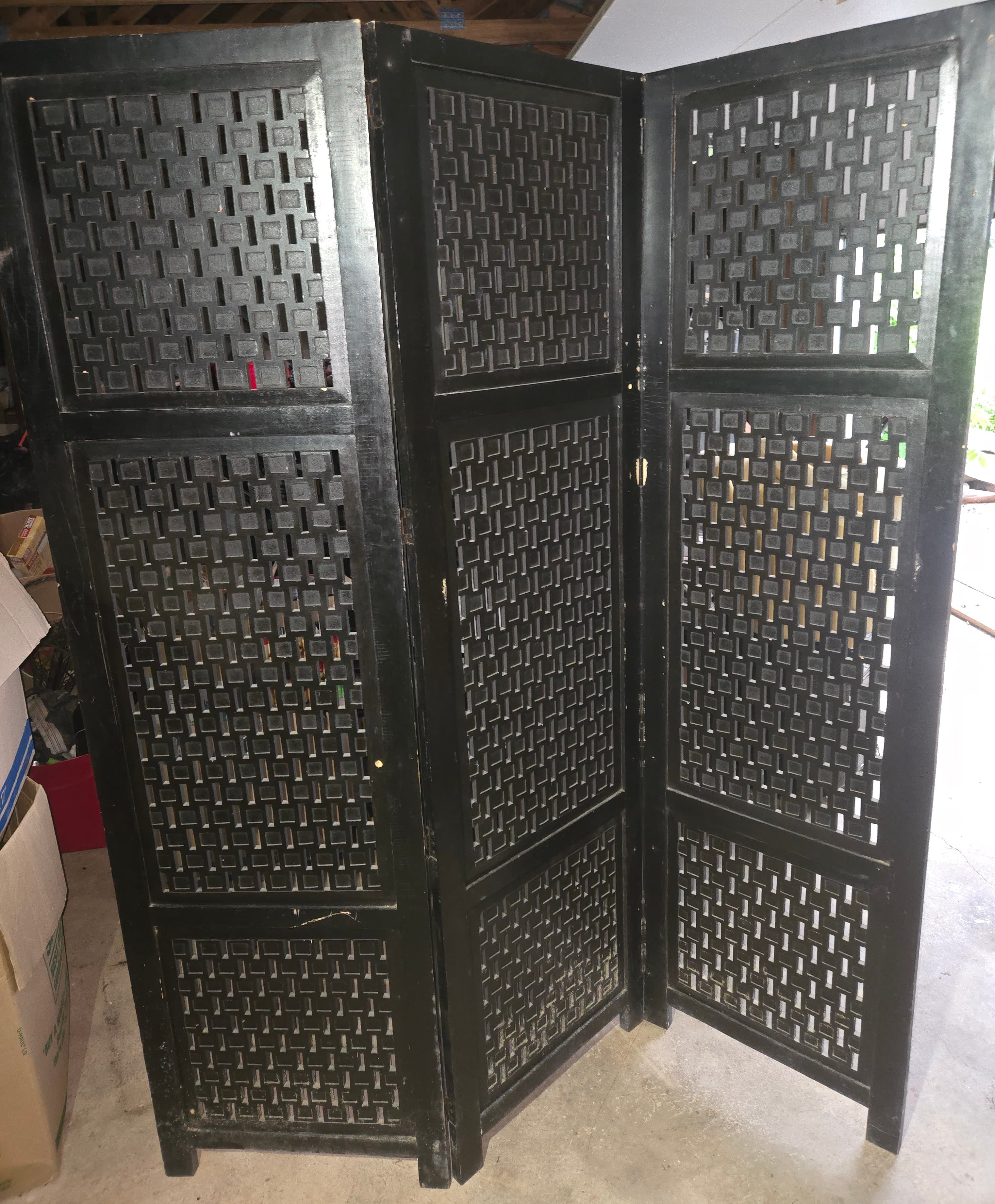 Vintage Black Wooden 3-Panel Folding Room Divider / Screen - Thumbnail 2