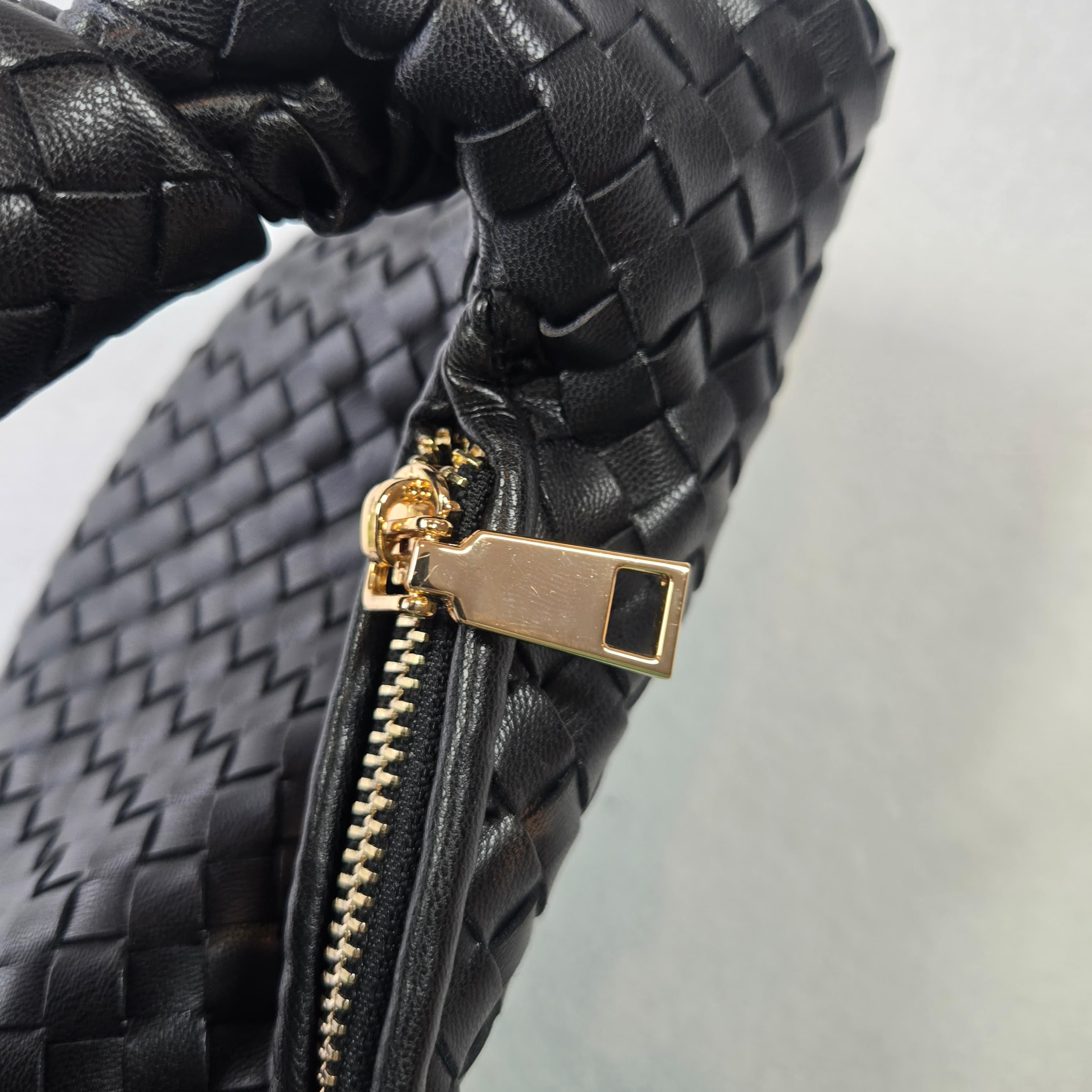 Woven Black Leather Handbag with Gold Zipper - Thumbnail 2