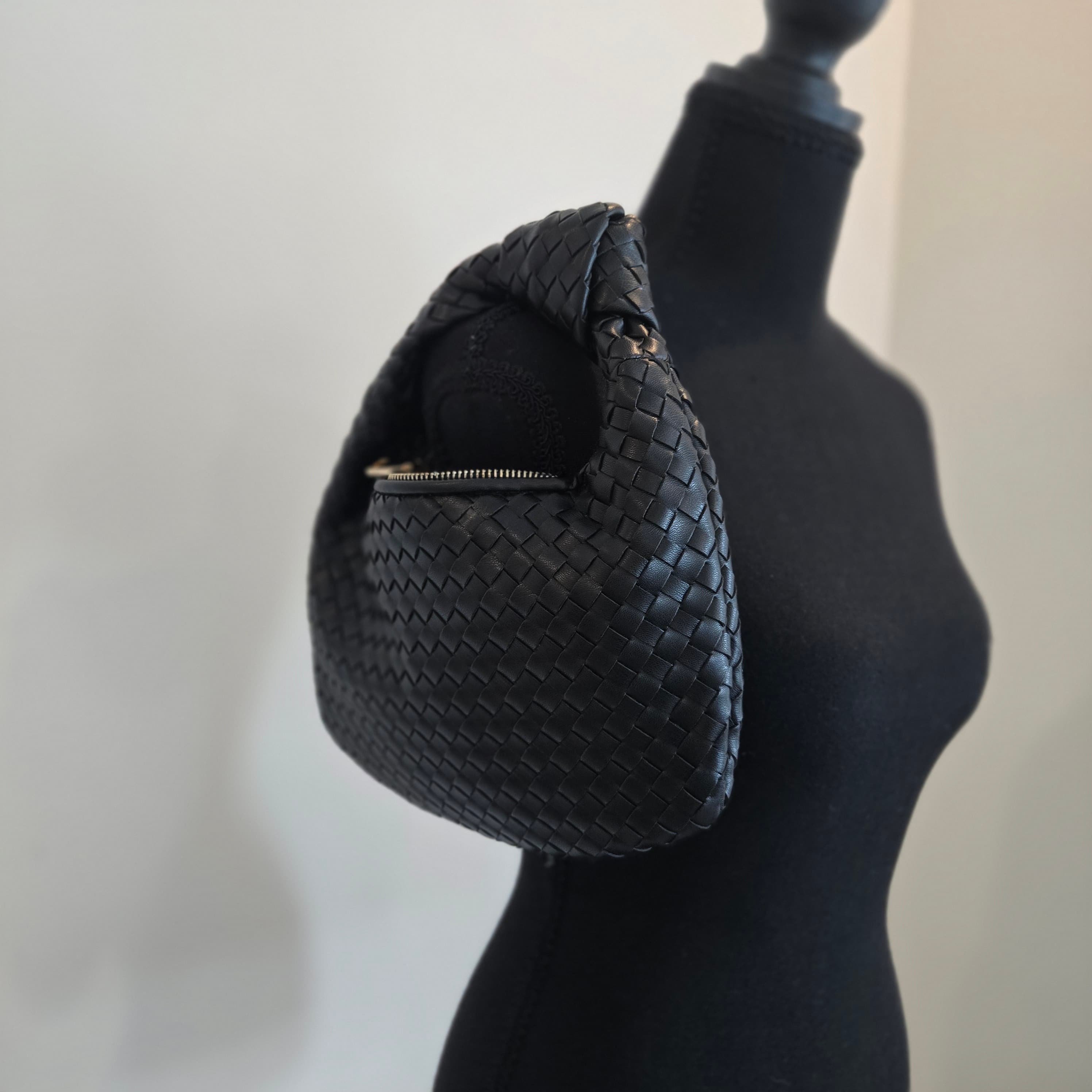 Woven Black Leather Handbag with Gold Zipper