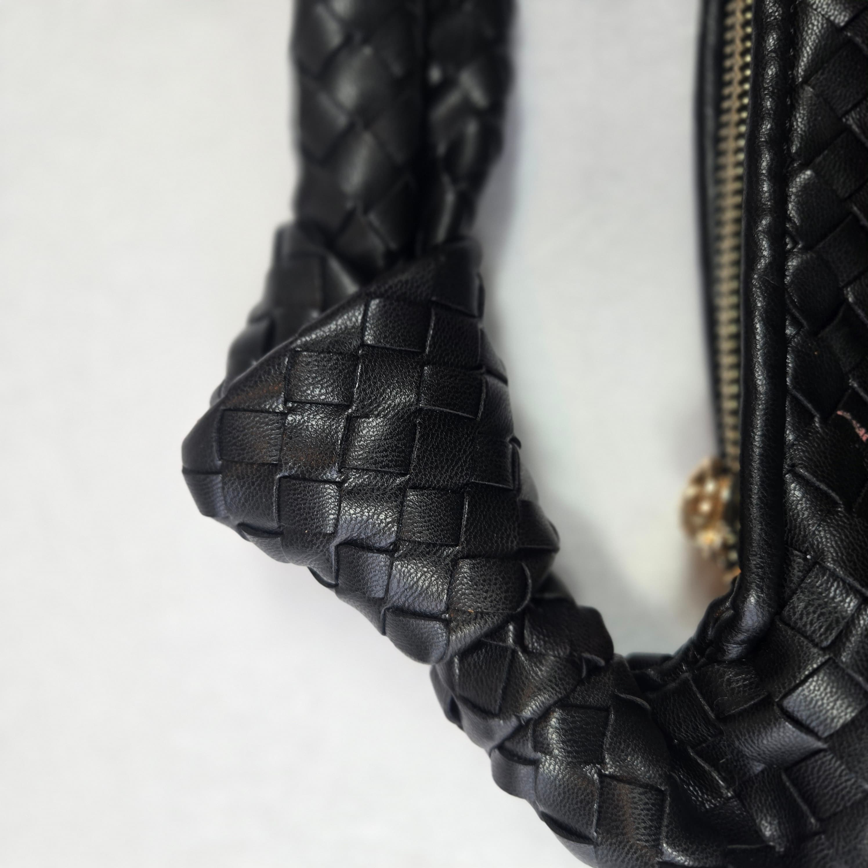 Woven Black Leather Handbag with Gold Zipper - Thumbnail 3