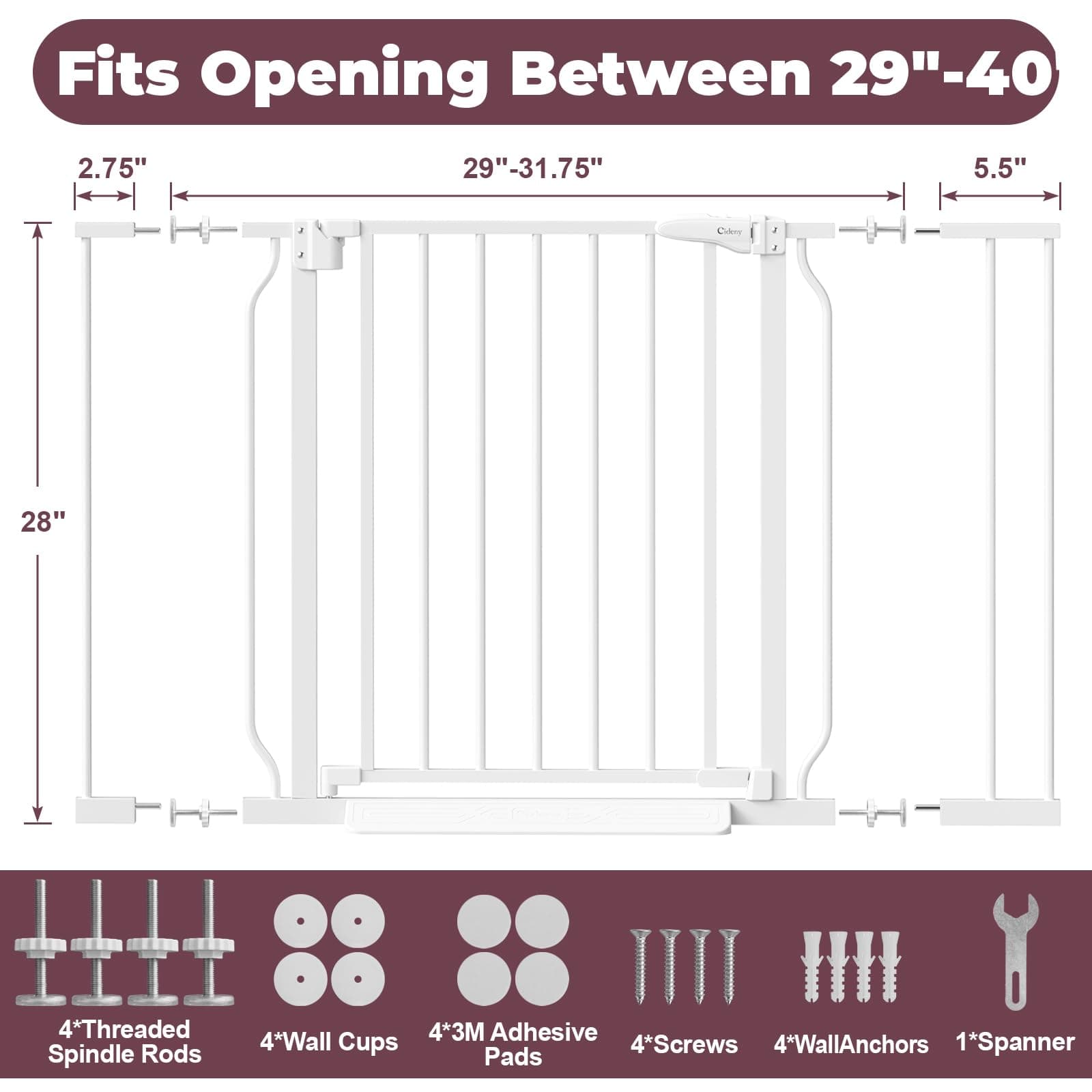 Cideny Baby Gate No Drilling, 29"-40" Auto Close Dog Gate Indoor for Doorways & Stairs, Pressure Mounted Adjustable Pet Gate, Easy Walk Through Child Gate for Children & Pets Stroller Friendly, White - Thumbnail 3