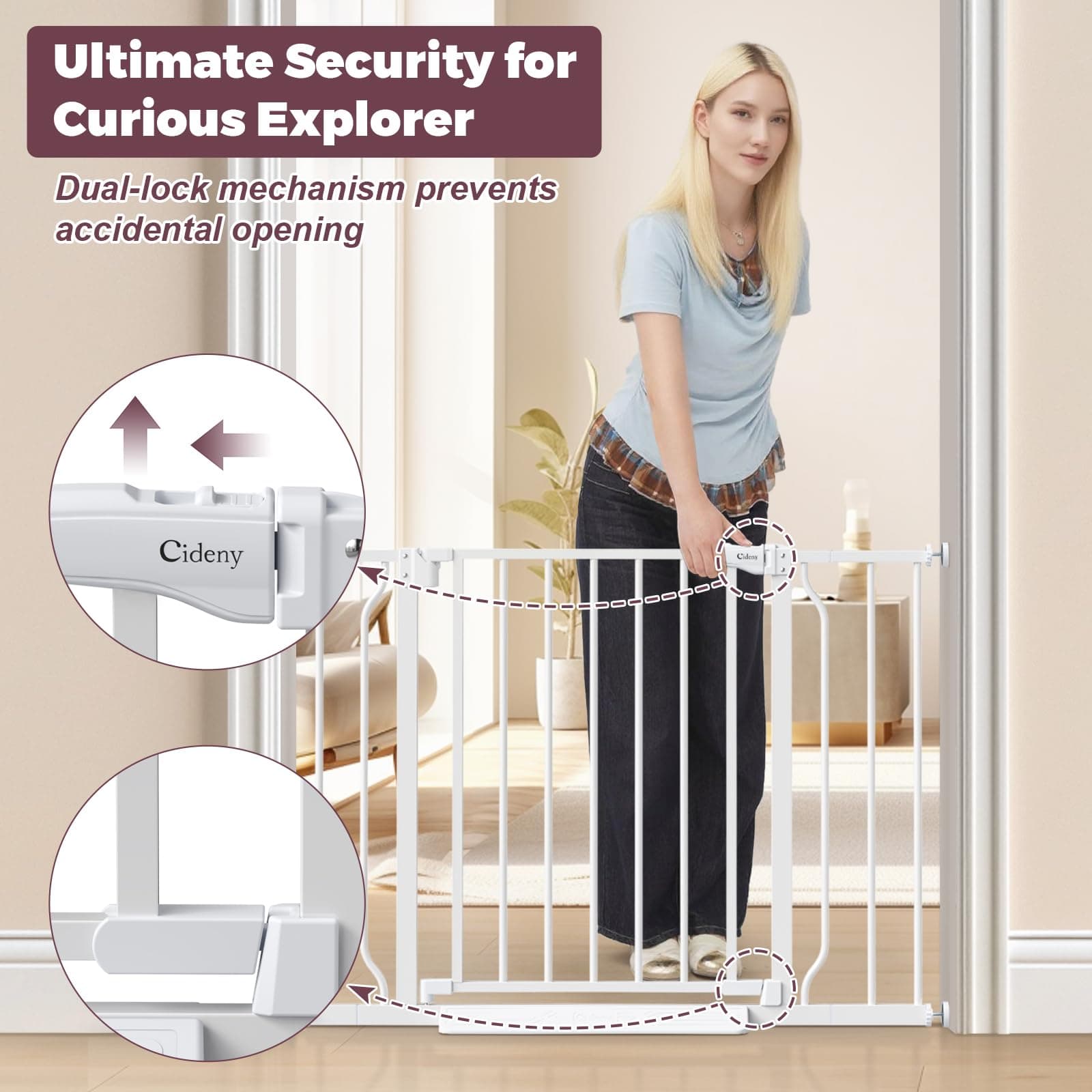 Cideny Baby Gate No Drilling, 29"-40" Auto Close Dog Gate Indoor for Doorways & Stairs, Pressure Mounted Adjustable Pet Gate, Easy Walk Through Child Gate for Children & Pets Stroller Friendly, White - Thumbnail 5