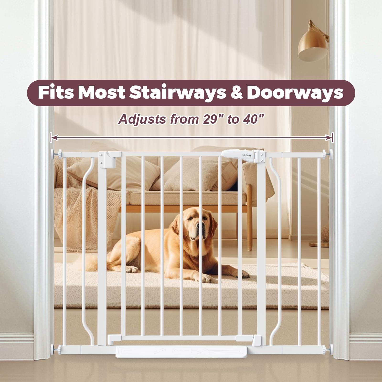 Cideny Baby Gate No Drilling, 29"-40" Auto Close Dog Gate Indoor for Doorways & Stairs, Pressure Mounted Adjustable Pet Gate, Easy Walk Through Child Gate for Children & Pets Stroller Friendly, White - Thumbnail 6