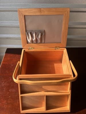 Wood Sewing Box Brown Hinged Lid Floral Fabric Insert Side Handles Compartments - Thumbnail 2