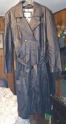 Vintage Charles Klein Double Breasted Belted Women’s Black Leather Trench Coat L