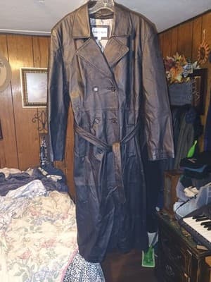 Vintage Charles Klein Double Breasted Belted Women’s Black Leather Trench Coat L - Thumbnail 4
