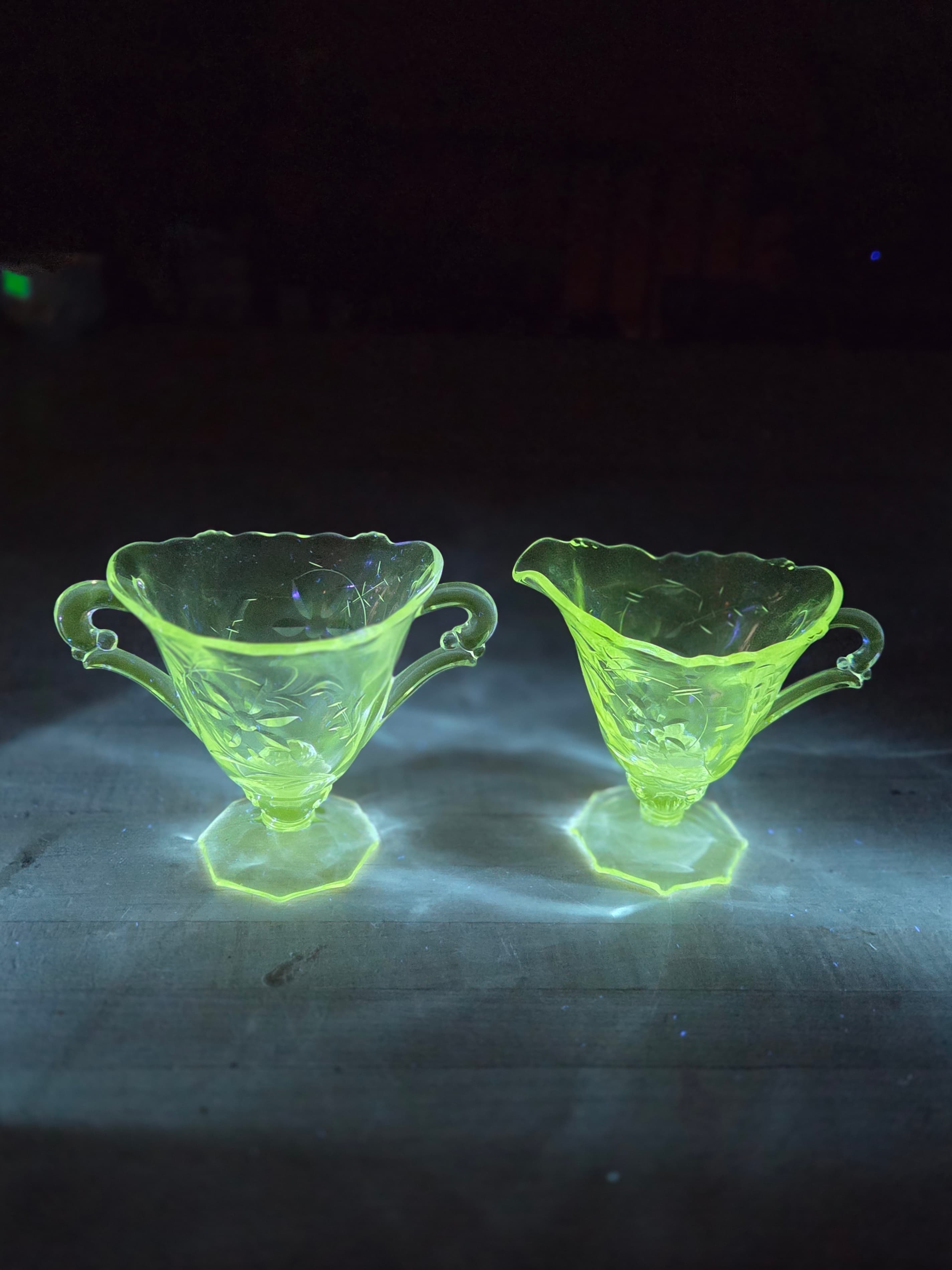 Vintage Fostoria Century Clear Creamer Sugar Set 365nm Manganese Glow