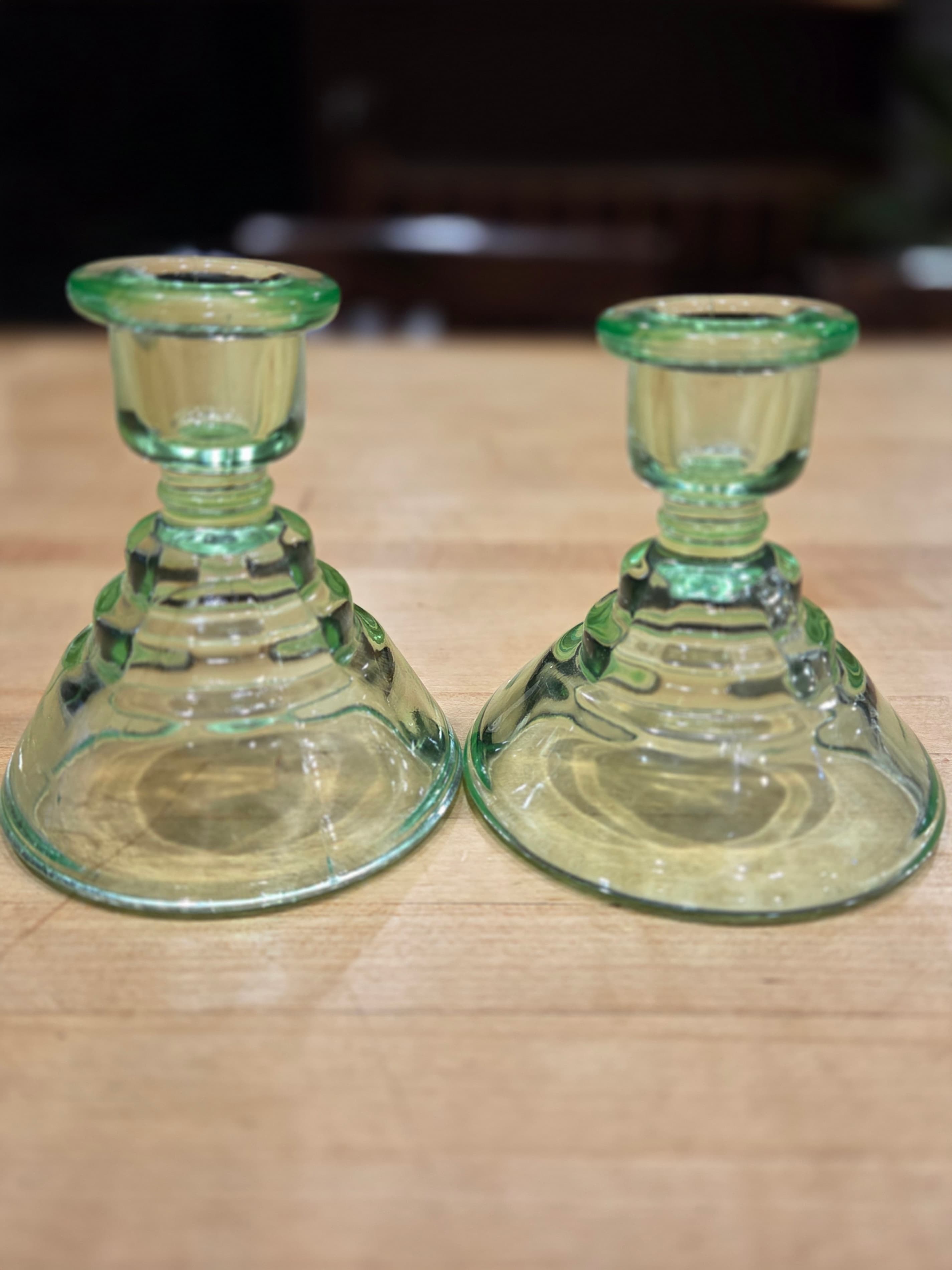 Vintage Paden City Green Uranium Glass Party Line Candlestick Holders Pair - Thumbnail 2