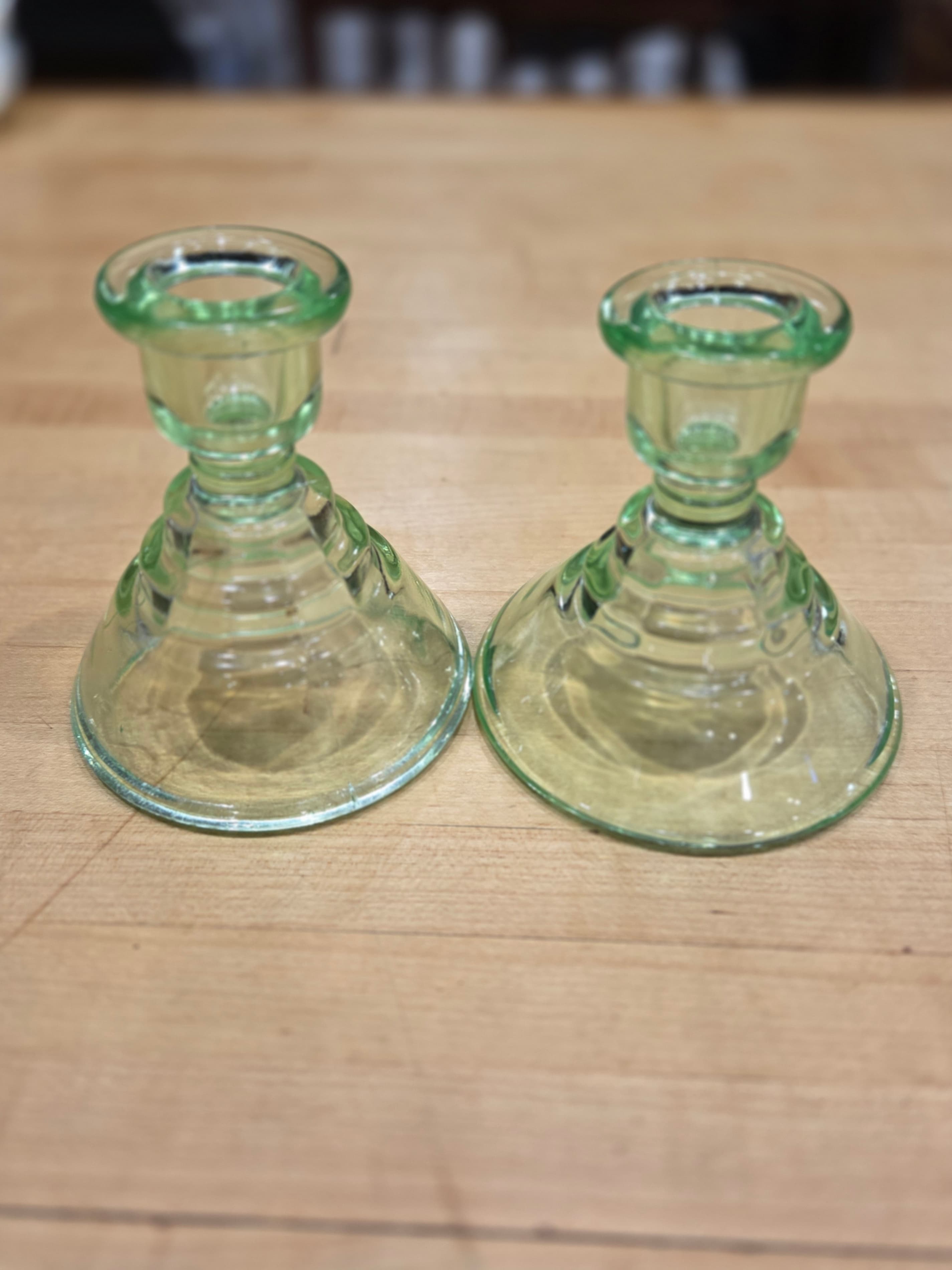 Vintage Paden City Green Uranium Glass Party Line Candlestick Holders Pair - Thumbnail 3