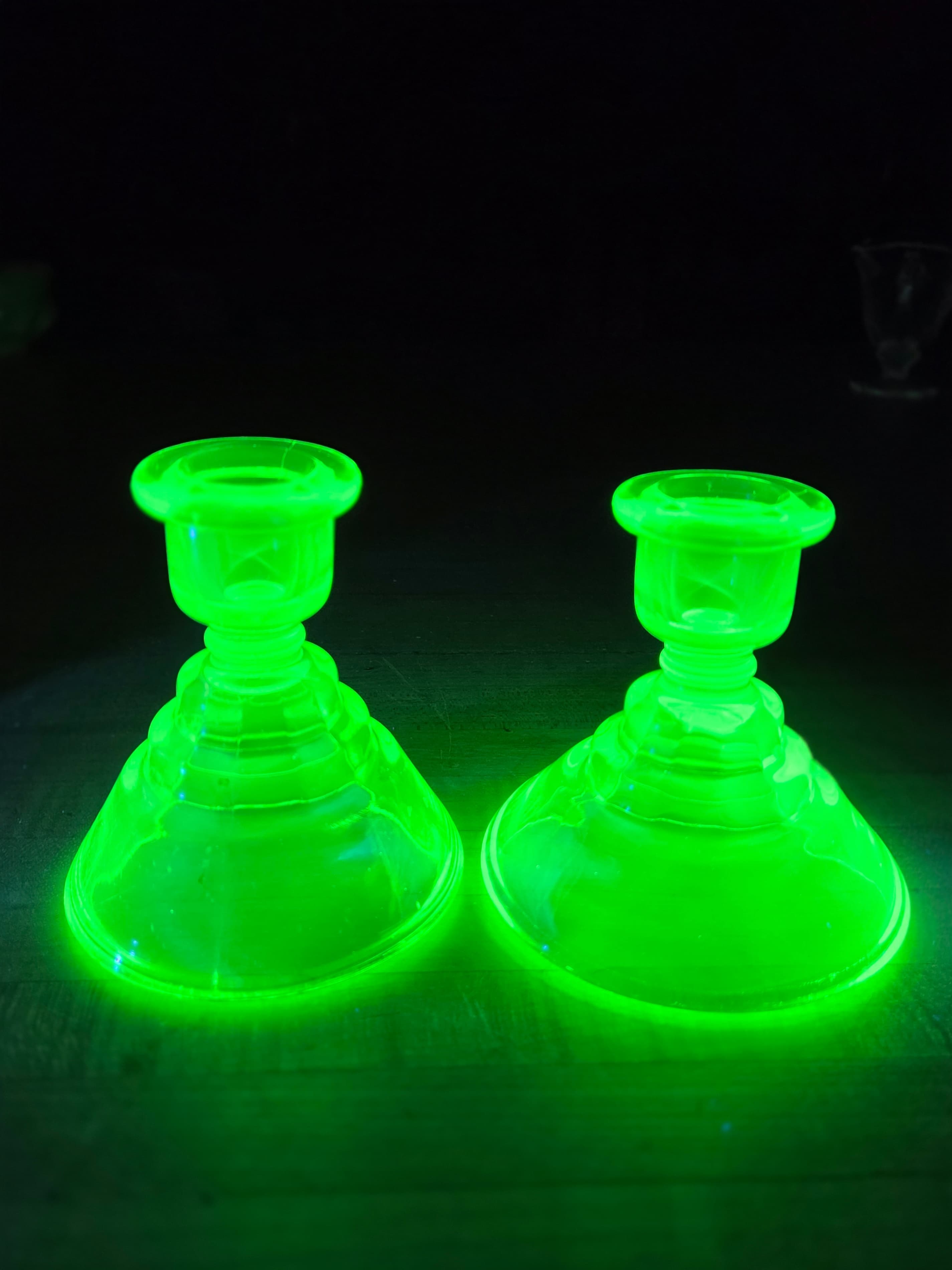 Vintage Paden City Green Uranium Glass Party Line Candlestick Holders Pair