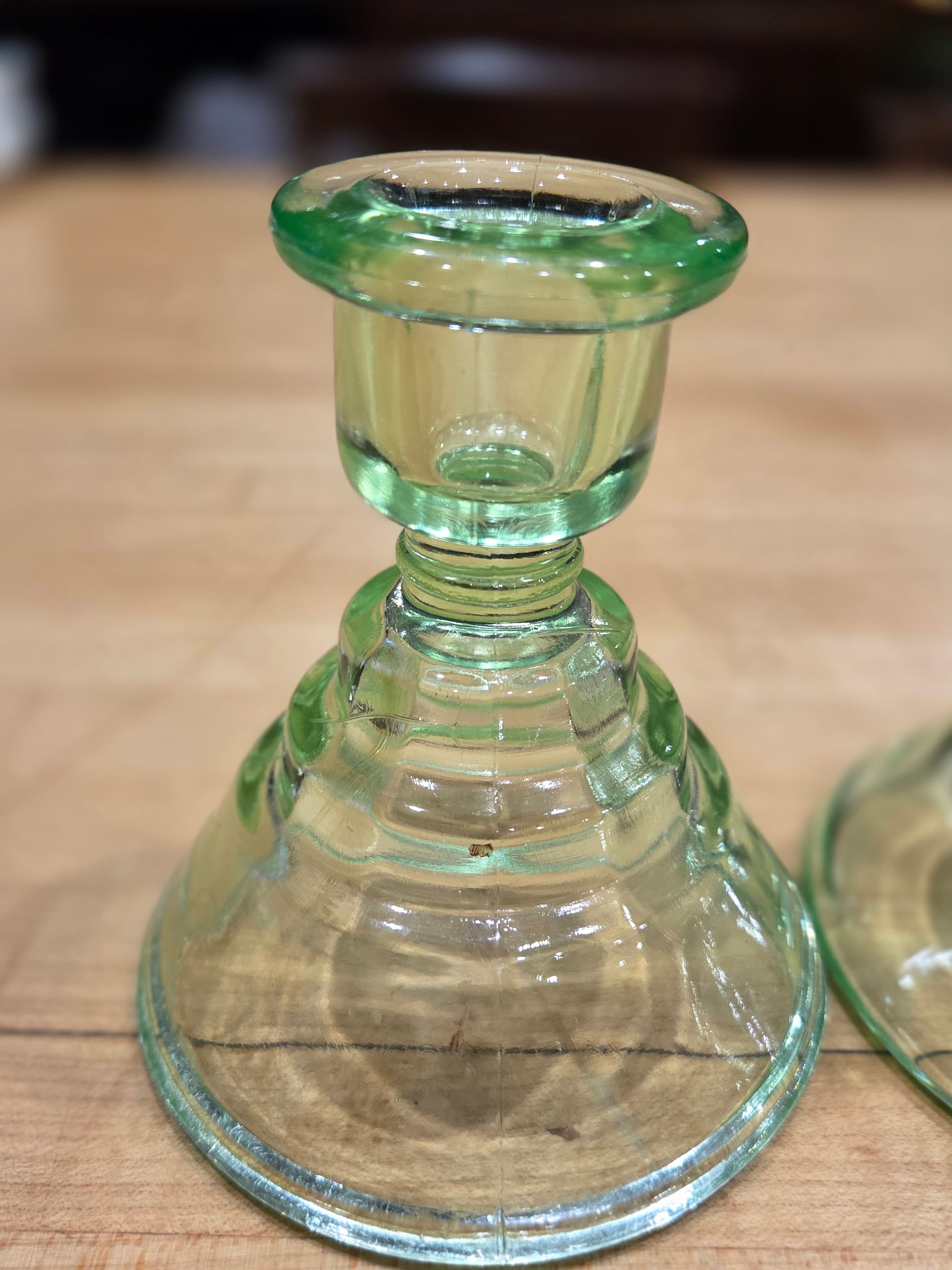 Vintage Paden City Green Uranium Glass Party Line Candlestick Holders Pair - Thumbnail 4