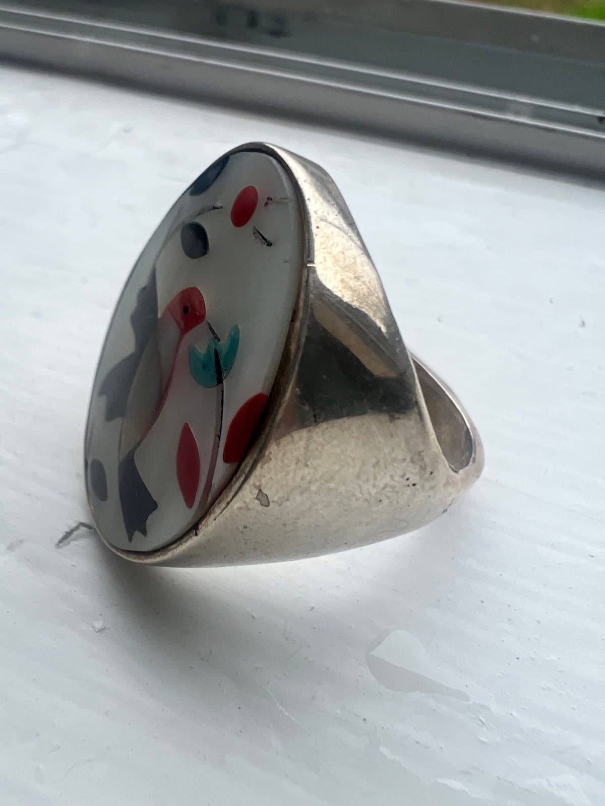 Zuni Inlaid Bird Ring MOP Native American Indian Sterling ring - Thumbnail 2