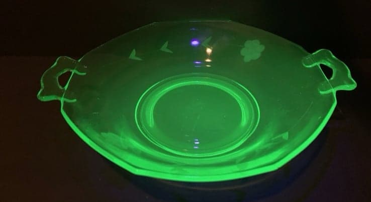 Vaseline Etched Depression Glass Octagon Serving Dish Tray With Handles - Thumbnail 3