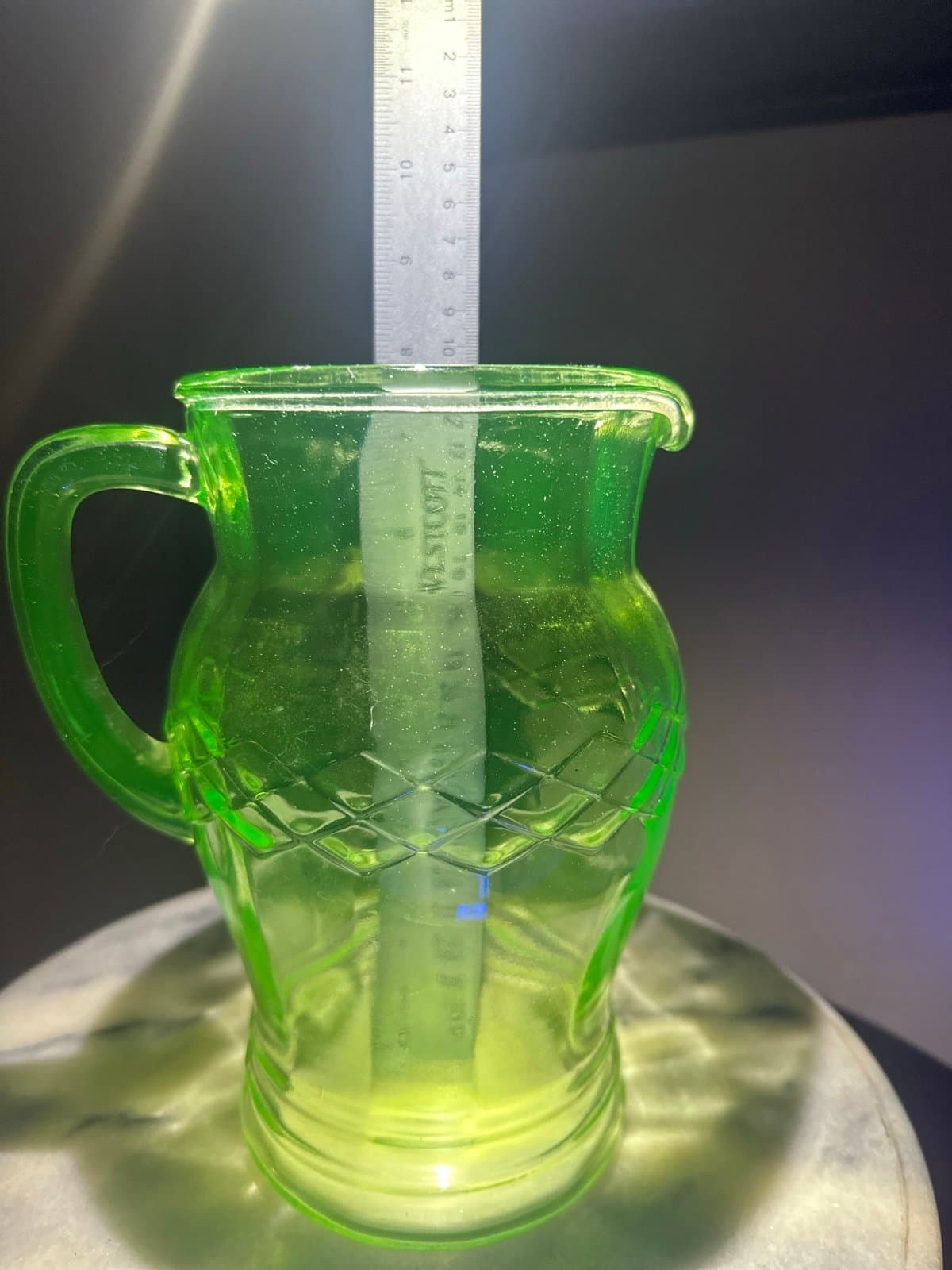 1930s Anchor Hockings Green Vaseline depression glass pitcher - Thumbnail 2