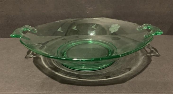 Vaseline Etched Depression Glass Octagon Serving Dish Tray With Handles - Thumbnail 6