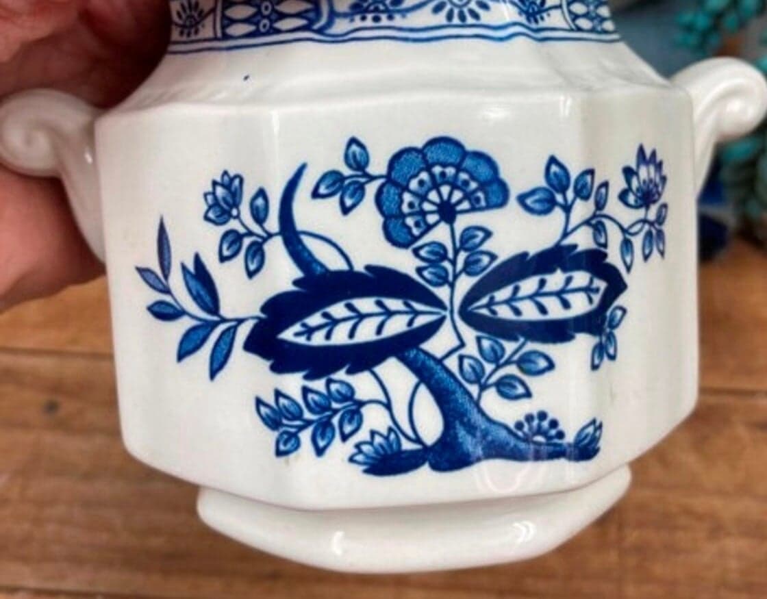 Vintage Blue Transferware Cream Sugar Set Kensington English Ironstone Staffords - Thumbnail 3