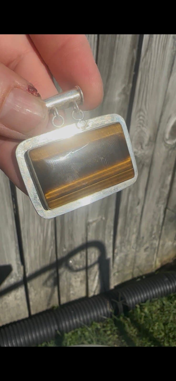 Vintage montage silver plated tigers eye pendant - Thumbnail 3