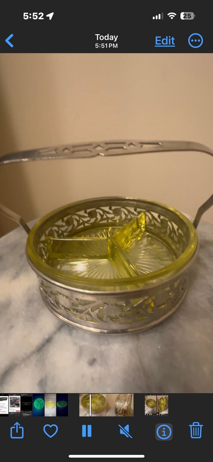 Antique yellow uranium glass relish/olive dish with silver plated handle - Thumbnail 6