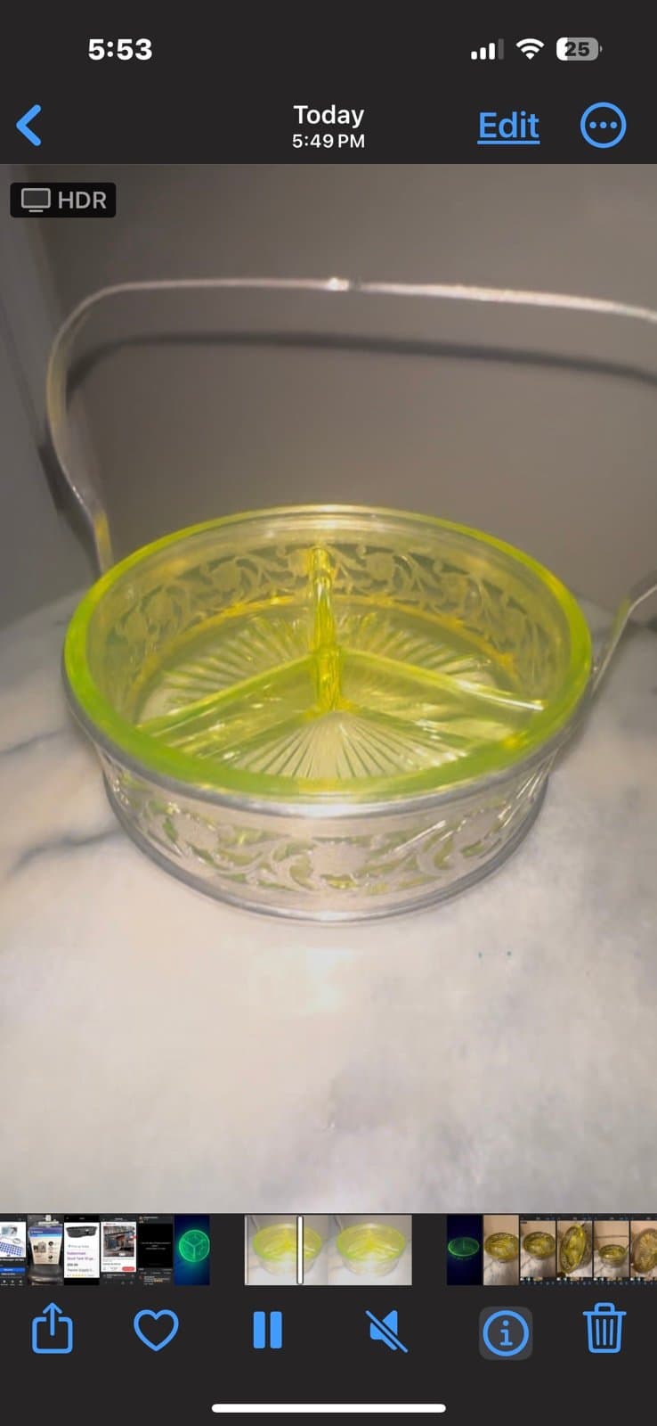Antique yellow uranium glass relish/olive dish with silver plated handle - Thumbnail 2
