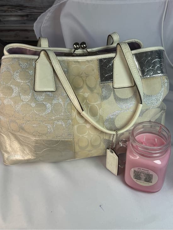 Coach Signature Metallic Silver Ivory Kisslock Satchel Handbag Purse - Thumbnail 15
