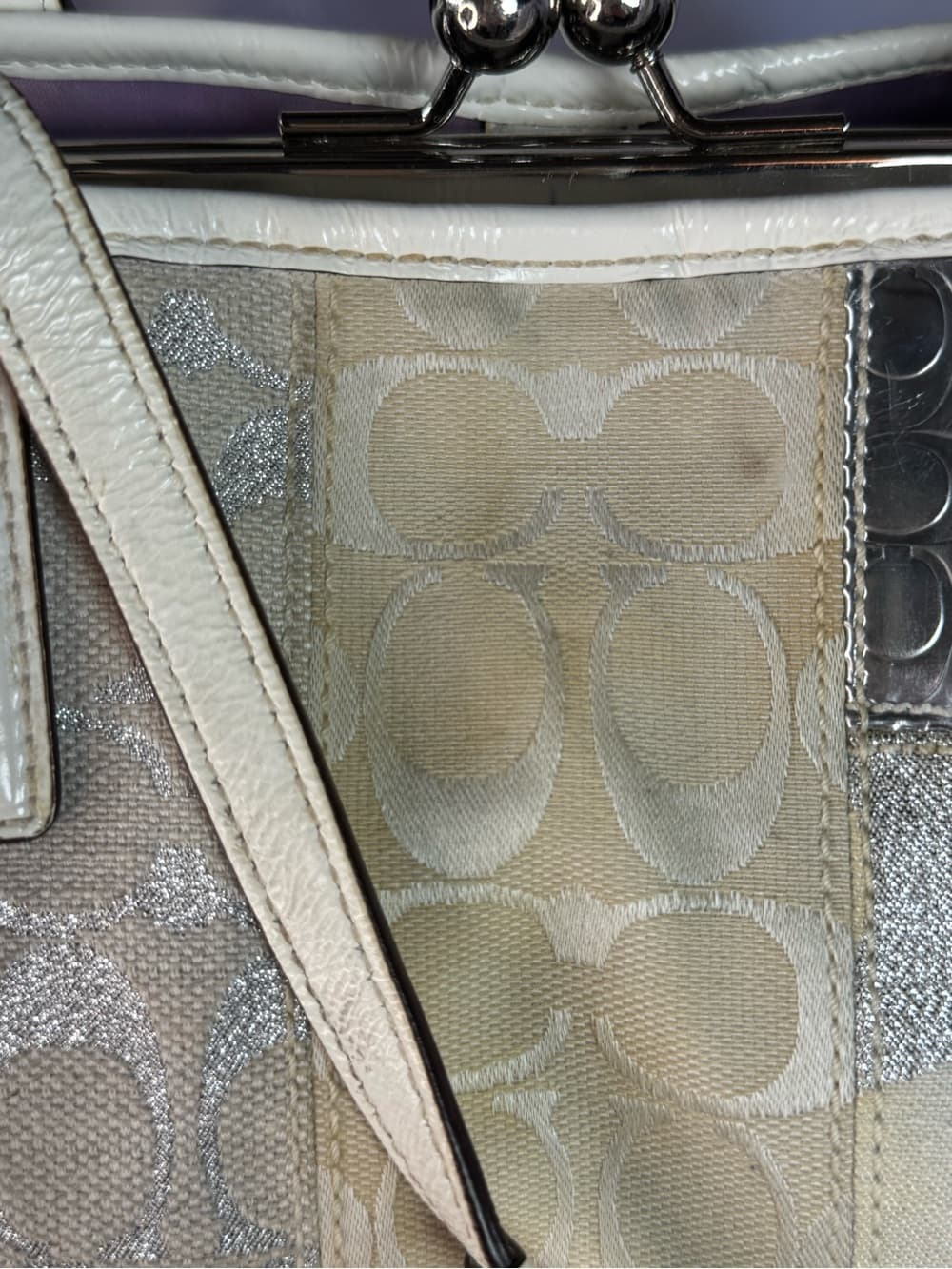 Coach Signature Metallic Silver Ivory Kisslock Satchel Handbag Purse