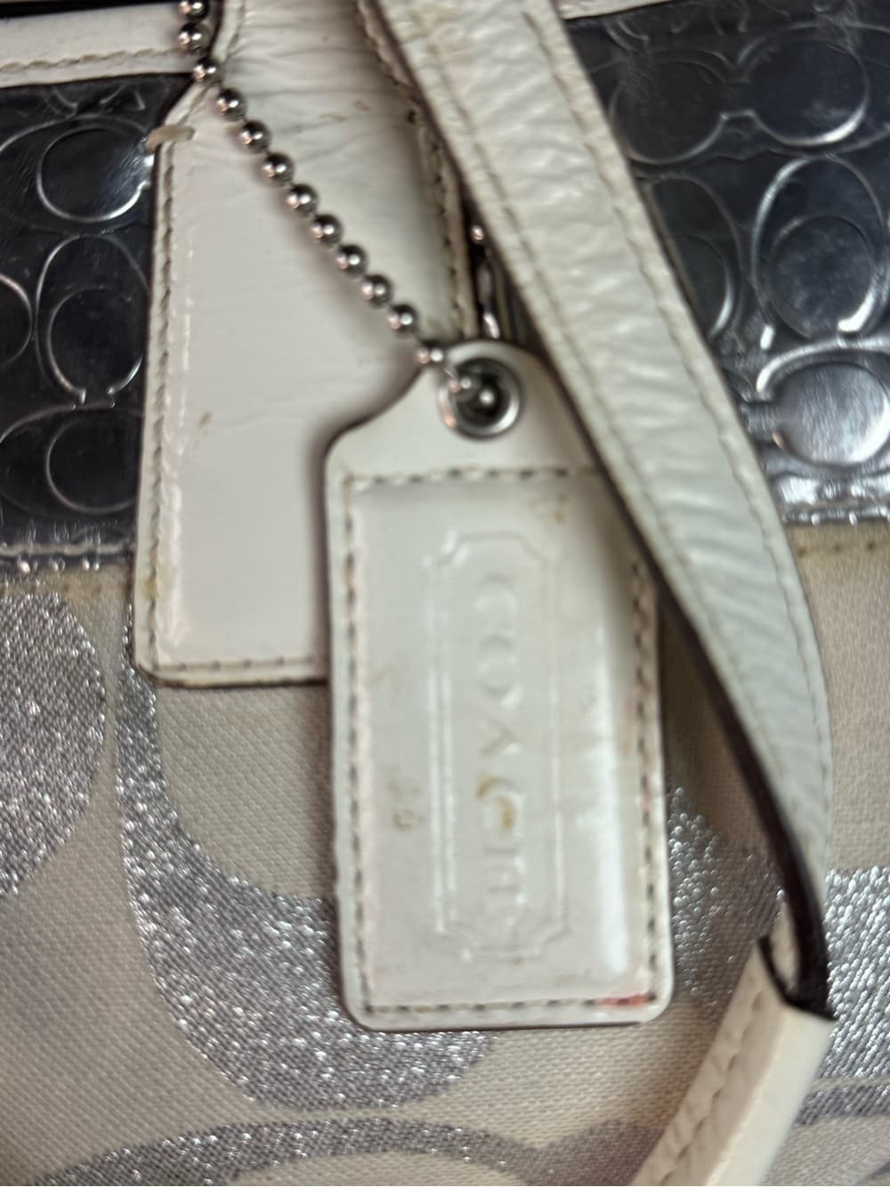 Coach Signature Metallic Silver Ivory Kisslock Satchel Handbag Purse - Thumbnail 2