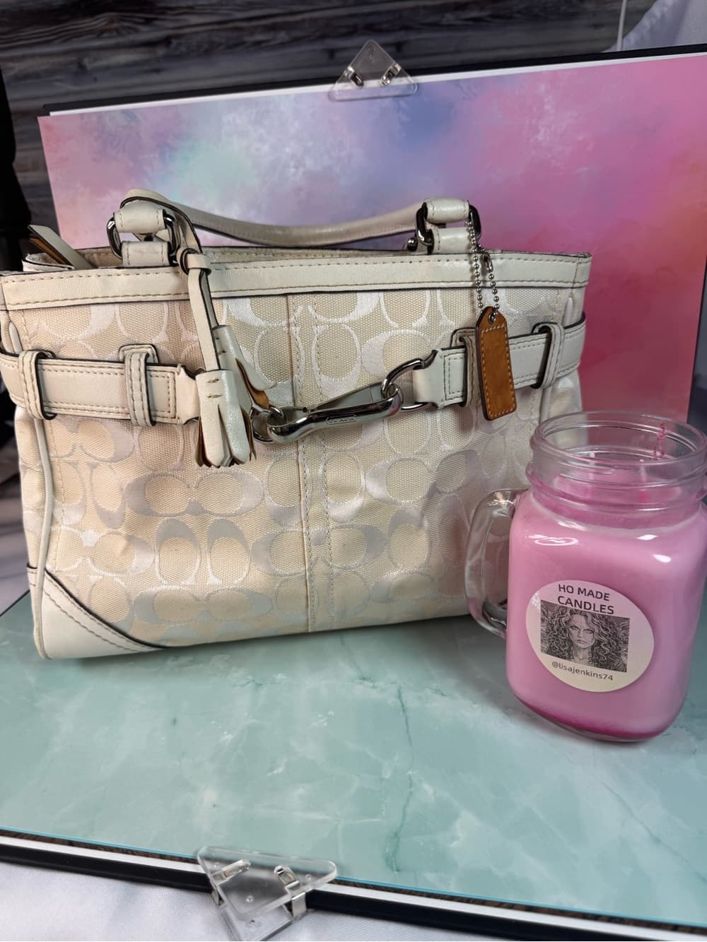 ★ Coach Signature Jacquard Cream Ivory Satchel Tote Handbag Purse