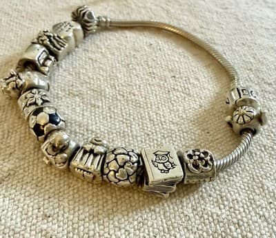 Pandora Sterling Silver Barrel Clasp Bracelet with 13 Charms 8 1/4" - Thumbnail 3