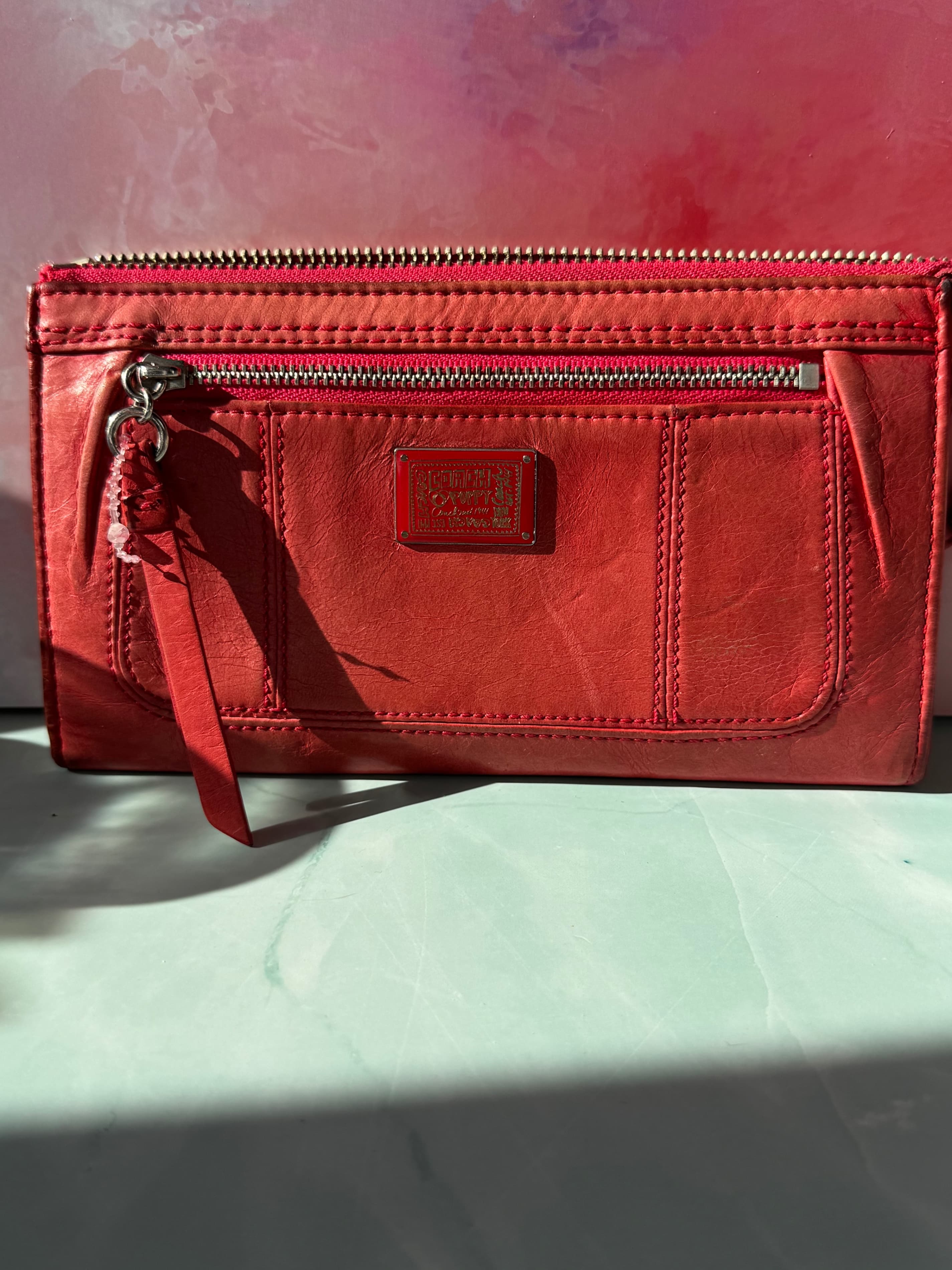 ★ Coach Poppy Red Leather Wristlet Clutch Wallet Zip Organizer - Thumbnail 9