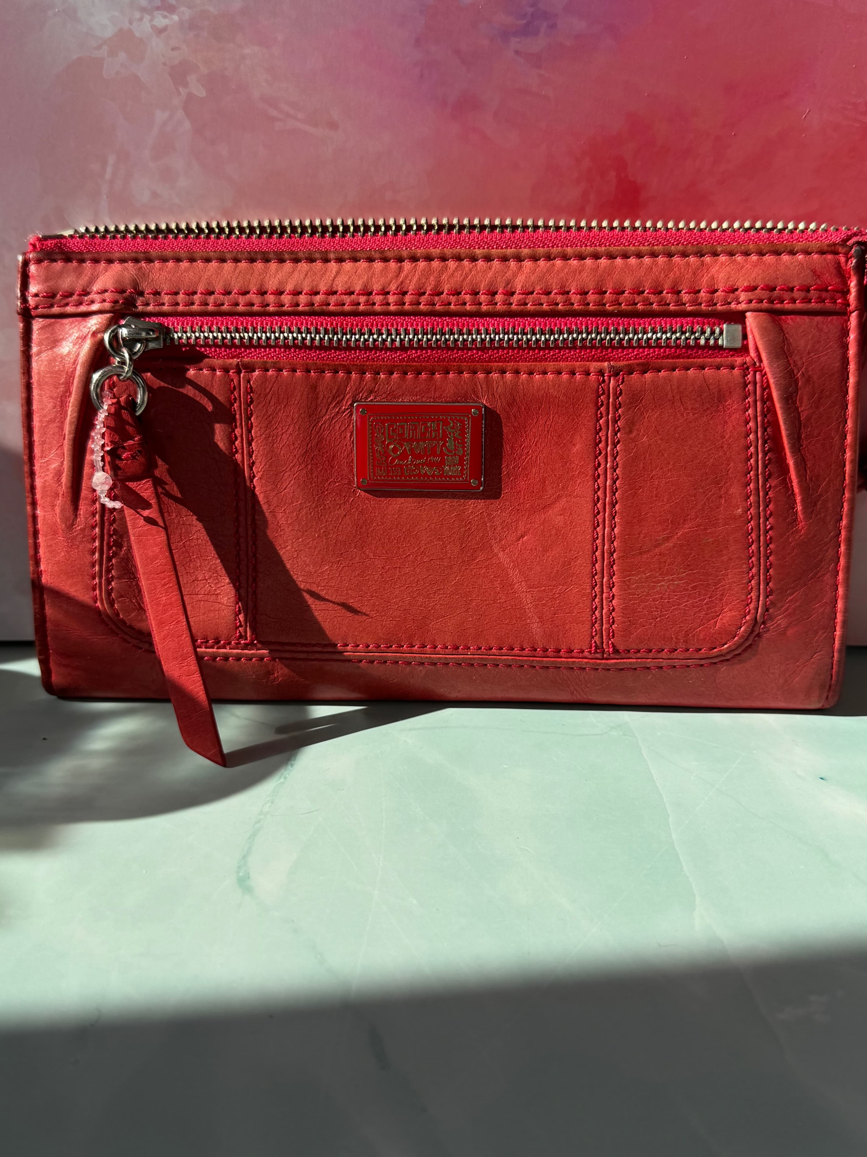 ★ Coach Poppy Red Leather Wristlet Clutch Wallet Zip Organizer - Thumbnail 10